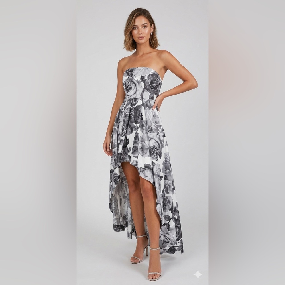 Low High White & Gray Floral Gown Size 11/Medium